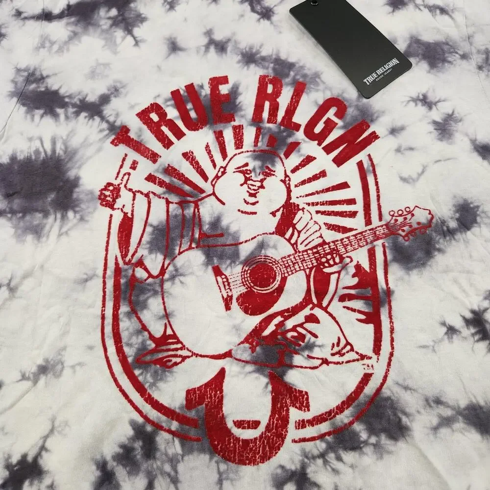 True Religion Shirt Mens Medium Tie Dye Onyx White SS Lullaby Buddha Graphic Tee